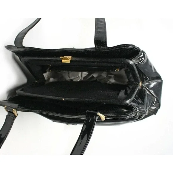 Vintage Almondo Originals Black Patent Leather Style Purse Handbag - Hey Viv - Picture 4 of 6